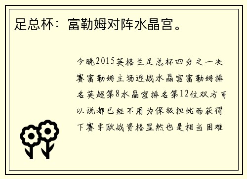 足总杯：富勒姆对阵水晶宫。