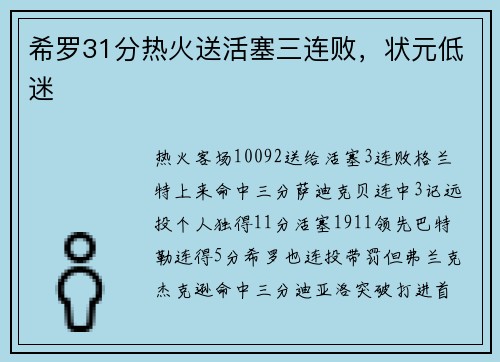 希罗31分热火送活塞三连败，状元低迷